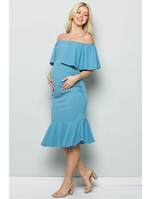 My Bump Women's Ruffle Off-Shoulder Maternity Ruched Mermaid Dress(Made in USA)