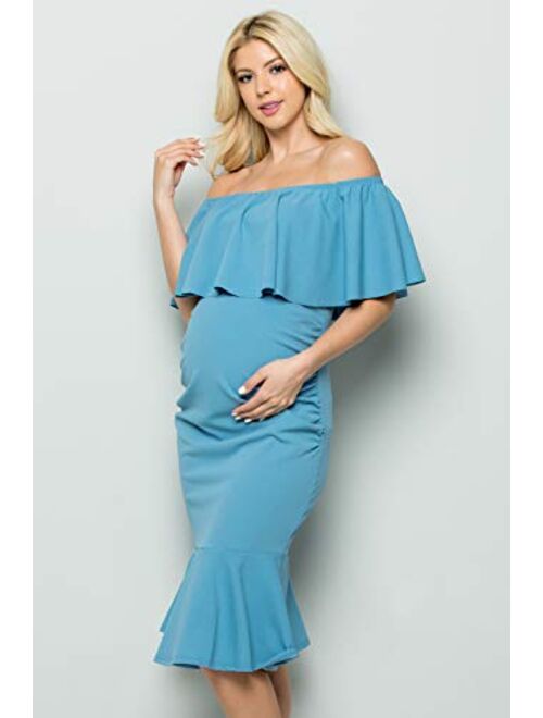 My Bump Women's Ruffle Off-Shoulder Maternity Ruched Mermaid Dress(Made in USA)