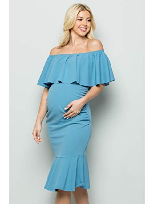 My Bump Women's Ruffle Off-Shoulder Maternity Ruched Mermaid Dress(Made in USA)