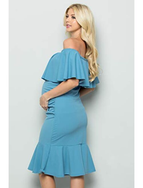 My Bump Women's Ruffle Off-Shoulder Maternity Ruched Mermaid Dress(Made in USA)