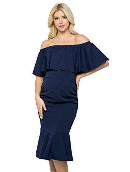 My Bump Women's Ruffle Off-Shoulder Maternity Ruched Mermaid Dress(Made in USA)