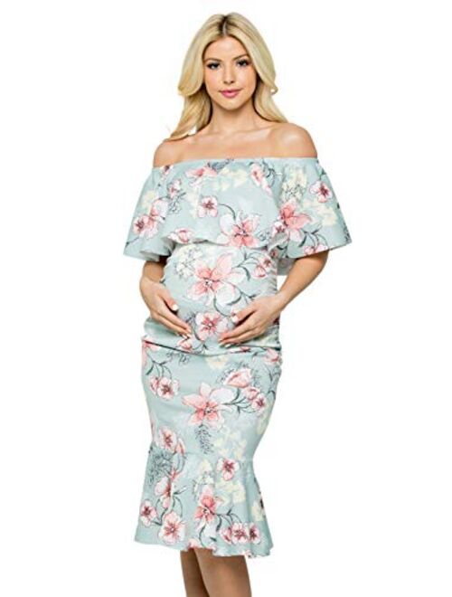 My Bump Women's Ruffle Off-Shoulder Maternity Ruched Mermaid Dress(Made in USA)