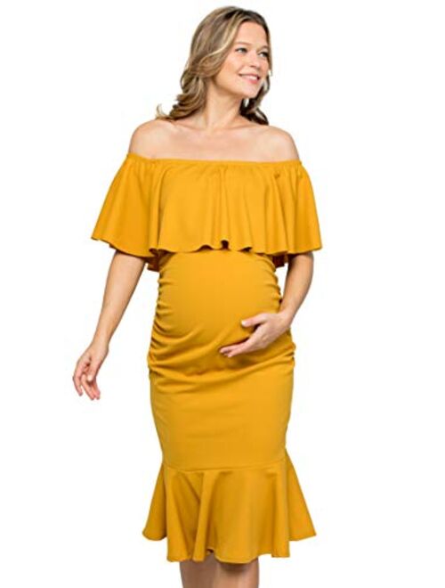 My Bump Women's Ruffle Off-Shoulder Maternity Ruched Mermaid Dress(Made in USA)