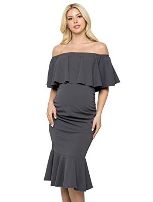 My Bump Women's Ruffle Off-Shoulder Maternity Ruched Mermaid Dress(Made in USA)