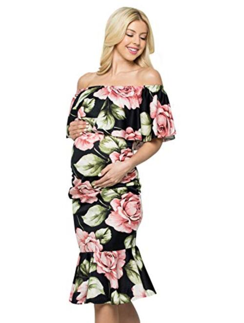 My Bump Women's Ruffle Off-Shoulder Maternity Ruched Mermaid Dress(Made in USA)