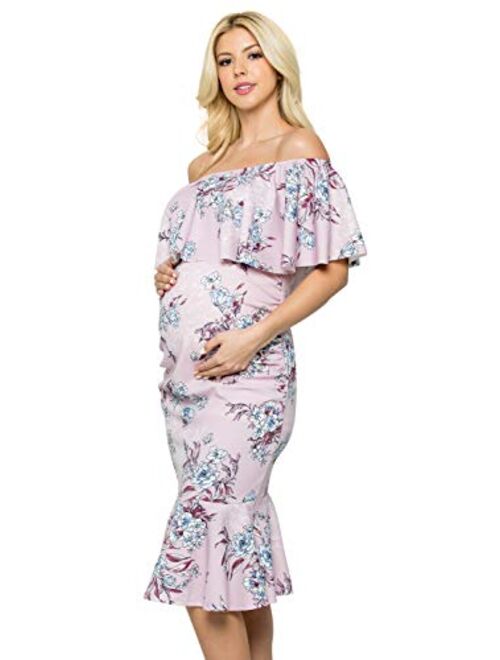 My Bump Women's Ruffle Off-Shoulder Maternity Ruched Mermaid Dress(Made in USA)