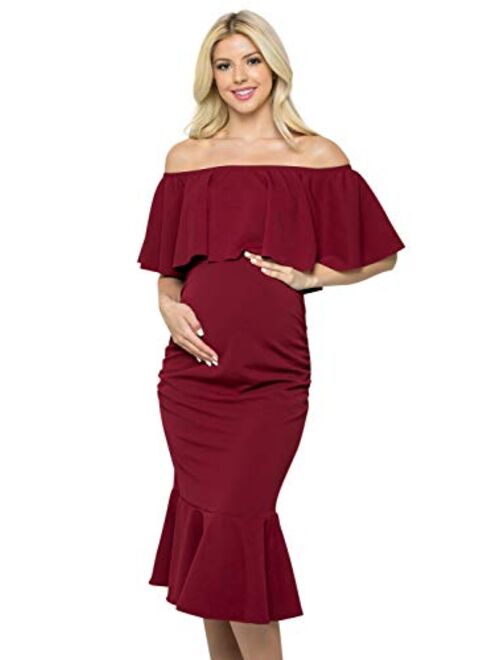 My Bump Women's Ruffle Off-Shoulder Maternity Ruched Mermaid Dress(Made in USA)