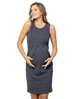 My Bump Women's Floral Front Pleated Sleeveless Knee Length Maternity Midi Dress(Made in USA)-for Baby Shower