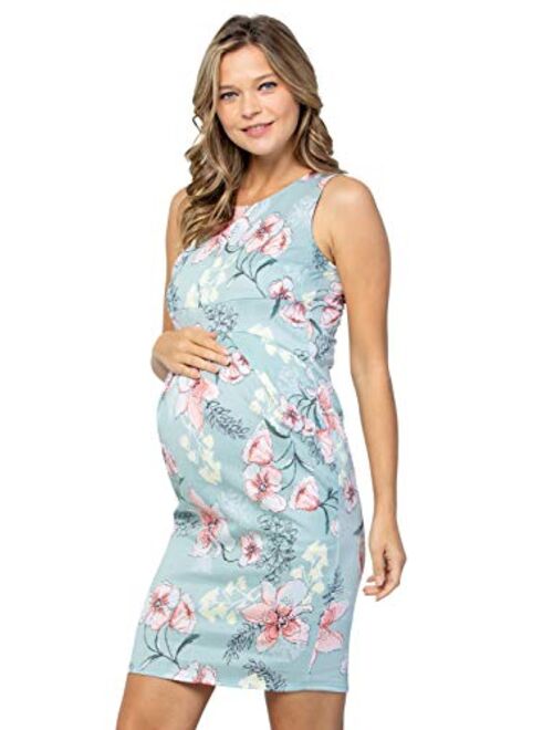 My Bump Women's Floral Front Pleated Sleeveless Knee Length Maternity Midi Dress(Made in USA)-for Baby Shower