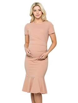 My Bump Maternity Midi Dress - Fitted Stretch Short Sleeves Mermaid Flare Ruffle