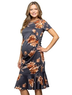 My Bump Maternity Midi Dress - Fitted Stretch Short Sleeves Mermaid Flare Ruffle