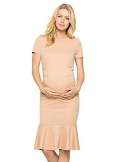 My Bump Maternity Midi Dress - Fitted Stretch Short Sleeves Mermaid Flare Ruffle