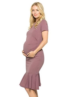 My Bump Maternity Midi Dress - Fitted Stretch Short Sleeves Mermaid Flare Ruffle