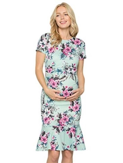 My Bump Maternity Midi Dress - Fitted Stretch Short Sleeves Mermaid Flare Ruffle