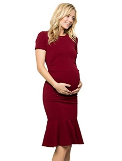 My Bump Maternity Midi Dress - Fitted Stretch Short Sleeves Mermaid Flare Ruffle