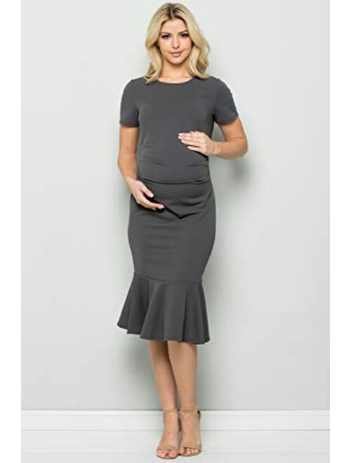 My Bump Maternity Midi Dress - Fitted Stretch Short Sleeves Mermaid Flare Ruffle