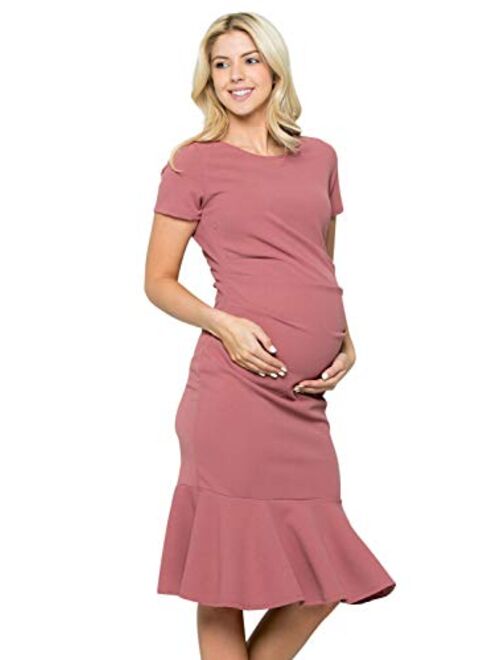 My Bump Maternity Midi Dress - Fitted Stretch Short Sleeves Mermaid Flare Ruffle