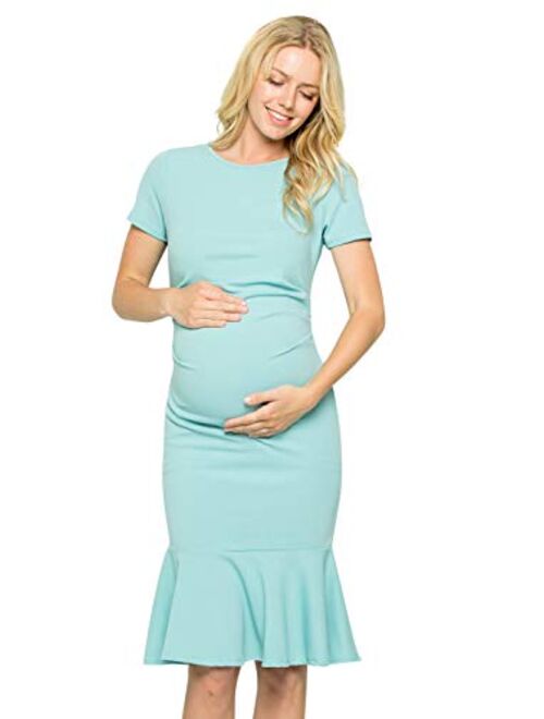 My Bump Maternity Midi Dress - Fitted Stretch Short Sleeves Mermaid Flare Ruffle