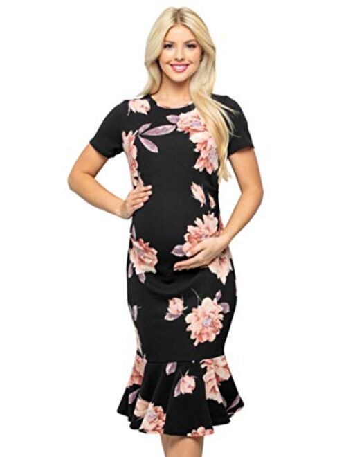 My Bump Maternity Midi Dress - Fitted Stretch Short Sleeves Mermaid Flare Ruffle