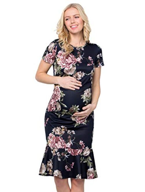 My Bump Maternity Midi Dress - Fitted Stretch Short Sleeves Mermaid Flare Ruffle