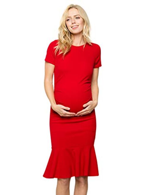 My Bump Maternity Midi Dress - Fitted Stretch Short Sleeves Mermaid Flare Ruffle