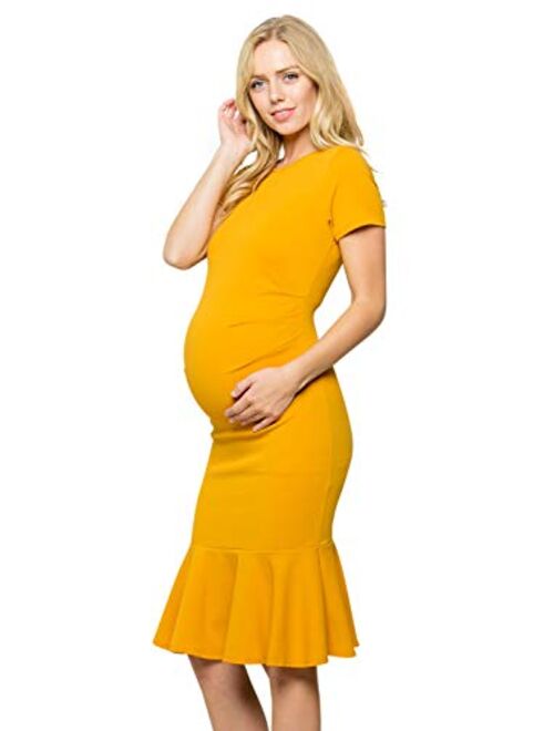 My Bump Maternity Midi Dress - Fitted Stretch Short Sleeves Mermaid Flare Ruffle