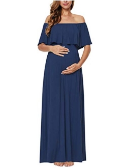 Ecavus Womens Off Shoulder Maternity Dress Ruffle Trim Maxi Photography Dress for Baby Shower