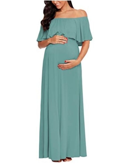 Ecavus Womens Off Shoulder Maternity Dress Ruffle Trim Maxi Photography Dress for Baby Shower