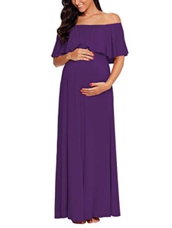 Ecavus Womens Off Shoulder Maternity Dress Ruffle Trim Maxi Photography Dress for Baby Shower