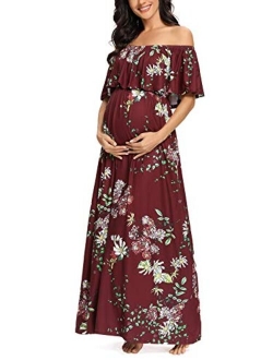 Ecavus Womens Off Shoulder Maternity Dress Ruffle Trim Maxi Photography Dress for Baby Shower