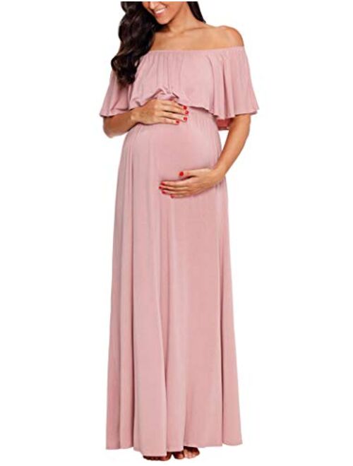 Ecavus Womens Off Shoulder Maternity Dress Ruffle Trim Maxi Photography Dress for Baby Shower