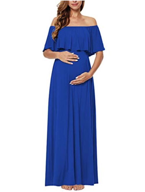 Ecavus Womens Off Shoulder Maternity Dress Ruffle Trim Maxi Photography Dress for Baby Shower