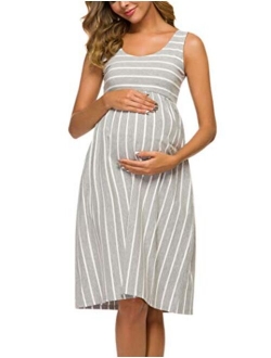 Ecavus Womens Maternity Tank Dress Stripe Color Block Sleeveless Knee Length for Baby Shower