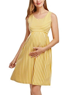 Ecavus Womens Maternity Tank Dress Stripe Color Block Sleeveless Knee Length for Baby Shower