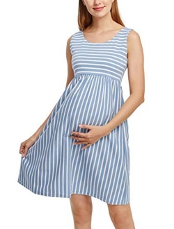 Ecavus Womens Maternity Tank Dress Stripe Color Block Sleeveless Knee Length for Baby Shower