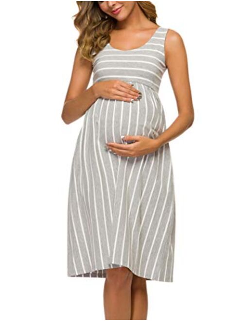 Ecavus Womens Maternity Tank Dress Stripe Color Block Sleeveless Knee Length for Baby Shower