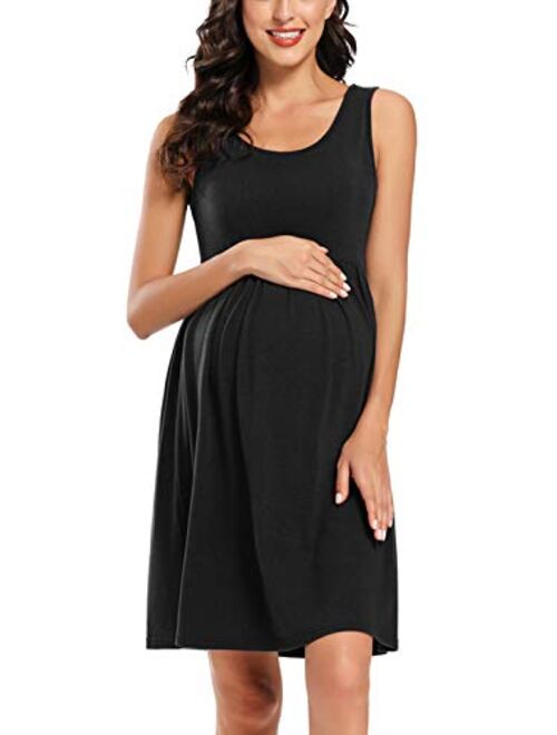 Ecavus Womens Maternity Tank Dress Stripe Color Block Sleeveless Knee Length for Baby Shower