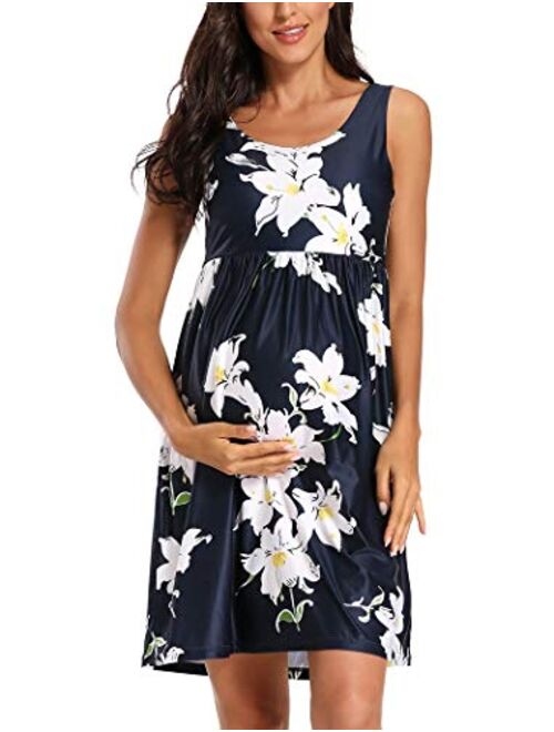 Ecavus Womens Maternity Tank Dress Stripe Color Block Sleeveless Knee Length for Baby Shower