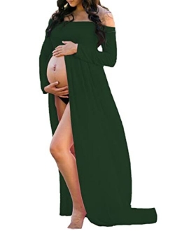 Mommy & Jennie Maternity Dress Off Shoulder Long Sleeve Split Front Chiffon Gown for Photoshoot