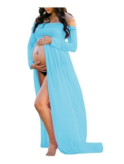 Mommy & Jennie Maternity Dress Off Shoulder Long Sleeve Split Front Chiffon Gown for Photoshoot