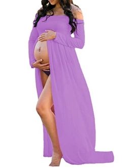 Mommy & Jennie Maternity Dress Off Shoulder Long Sleeve Split Front Chiffon Gown for Photoshoot