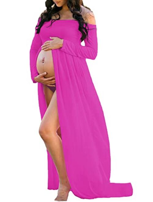 Mommy & Jennie Maternity Dress Off Shoulder Long Sleeve Split Front Chiffon Gown for Photoshoot