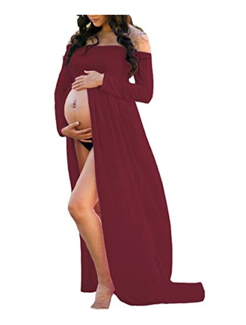 Mommy & Jennie Maternity Dress Off Shoulder Long Sleeve Split Front Chiffon Gown for Photoshoot