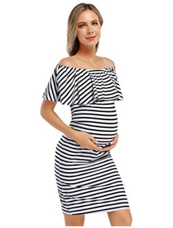 Coolmee Women's Maternity Dress Off Shoulder Casual Maxi Dress