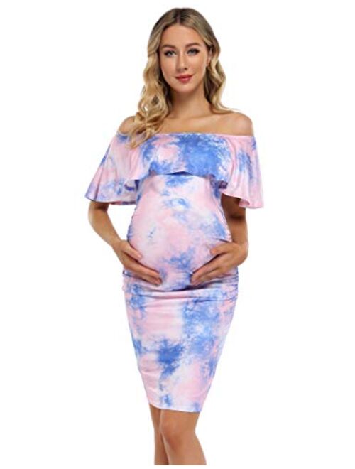 Coolmee Women's Maternity Dress Off Shoulder Casual Maxi Dress