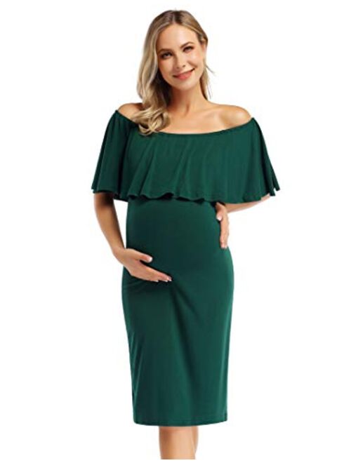 Coolmee Women's Maternity Dress Off Shoulder Casual Maxi Dress