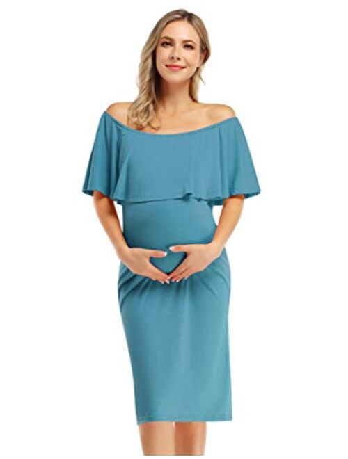 Coolmee Women's Maternity Dress Off Shoulder Casual Maxi Dress