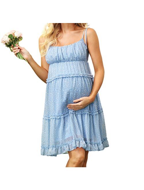 Maacie Women Maternity Striped Cami Dress Spaghetti Straps Buttons Down Dress