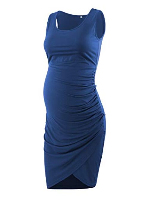 Ecavus Women's Maternity Mama Sleeveless Tulip Dress Wrap Hem Ruched Casual Fitted Sheath Dress