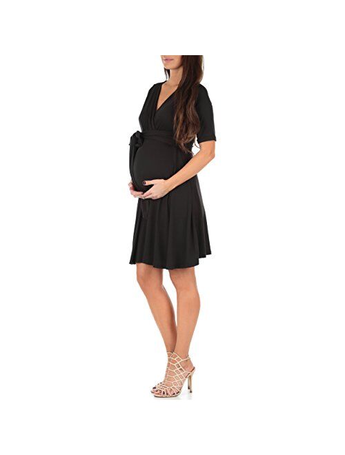 Mother Bee Maternity Women's Knee Length Wrap Dress with Belt for Baby Shower or Casual Wear